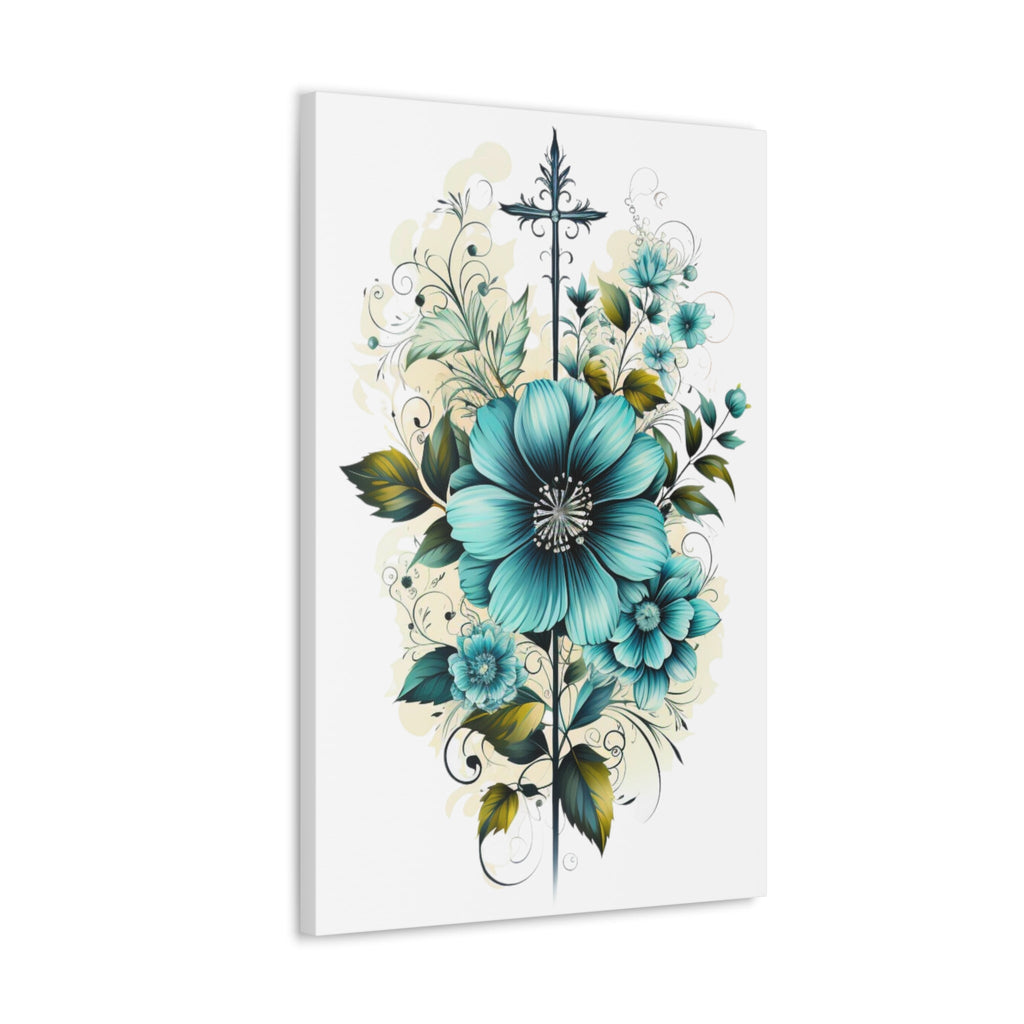 Wall Art Decor - Canvas Print Artwork - Blue Green Christian Cross