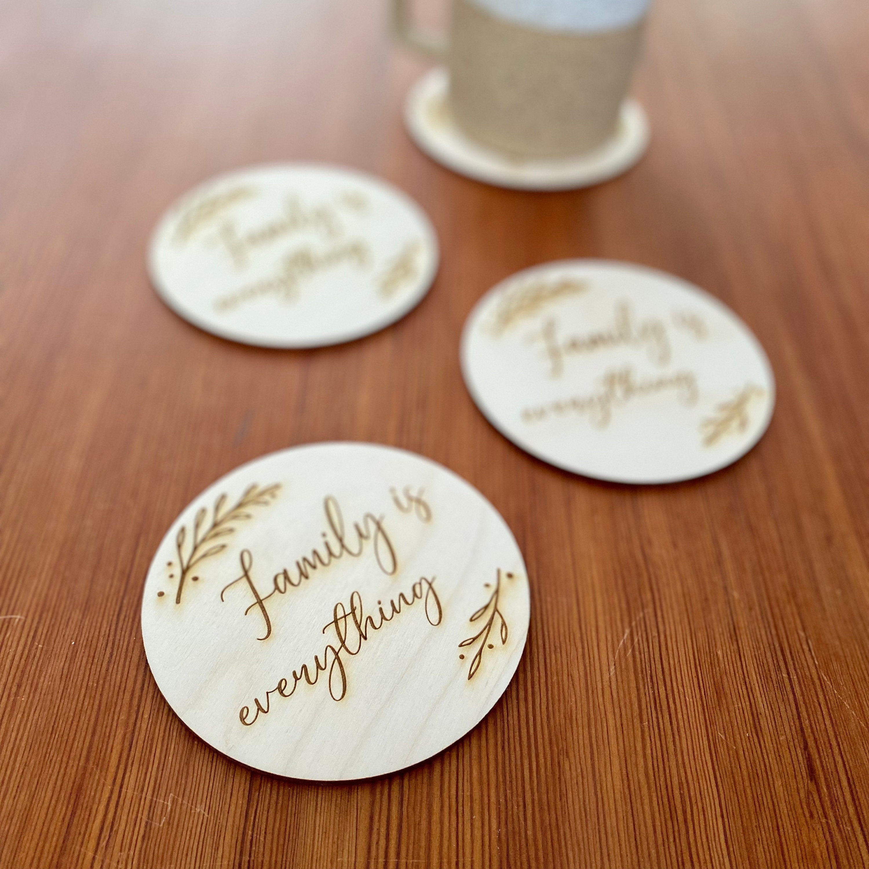 Wooden Coaster Set Engraved with "Family is everything"