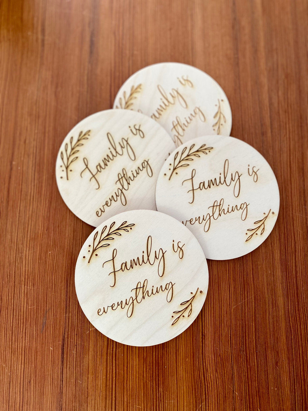 Wooden Coaster Set Engraved with "Family is everything"