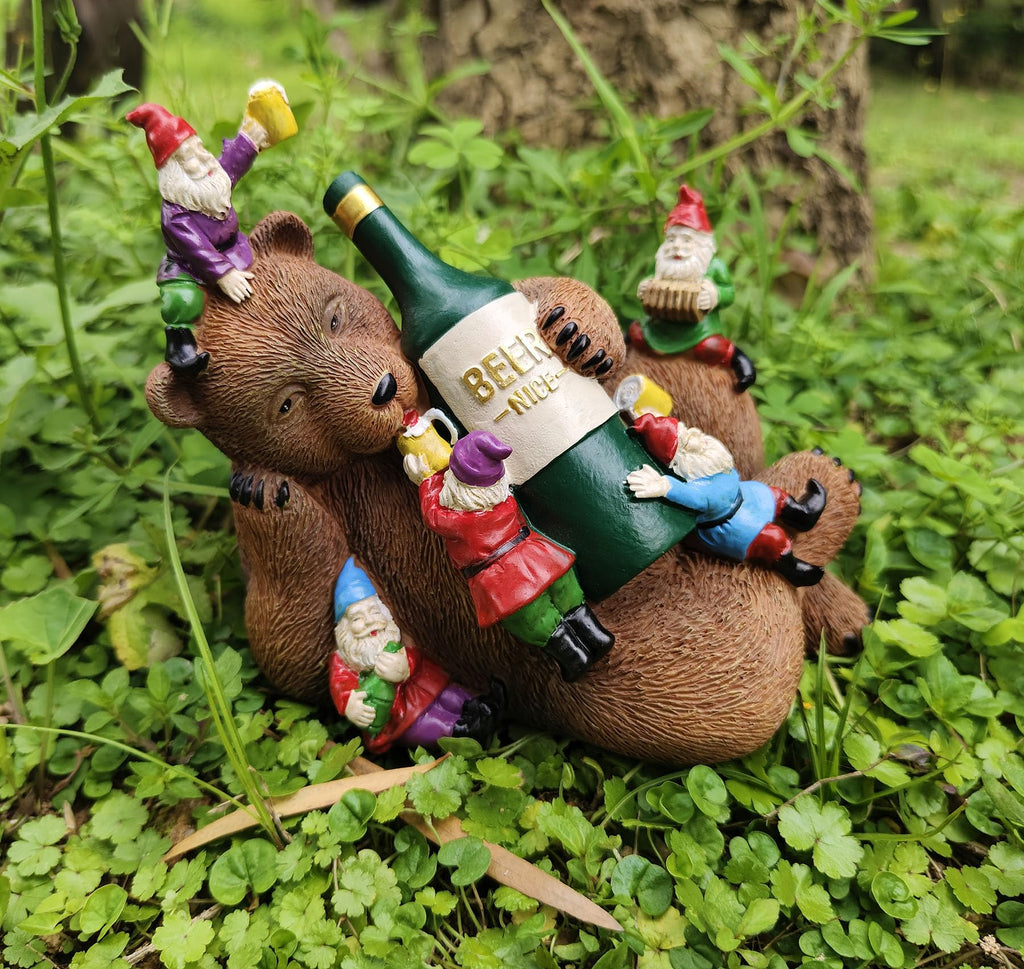 Garden Bear and Gnomes Statue Yard Lawn Home Decor