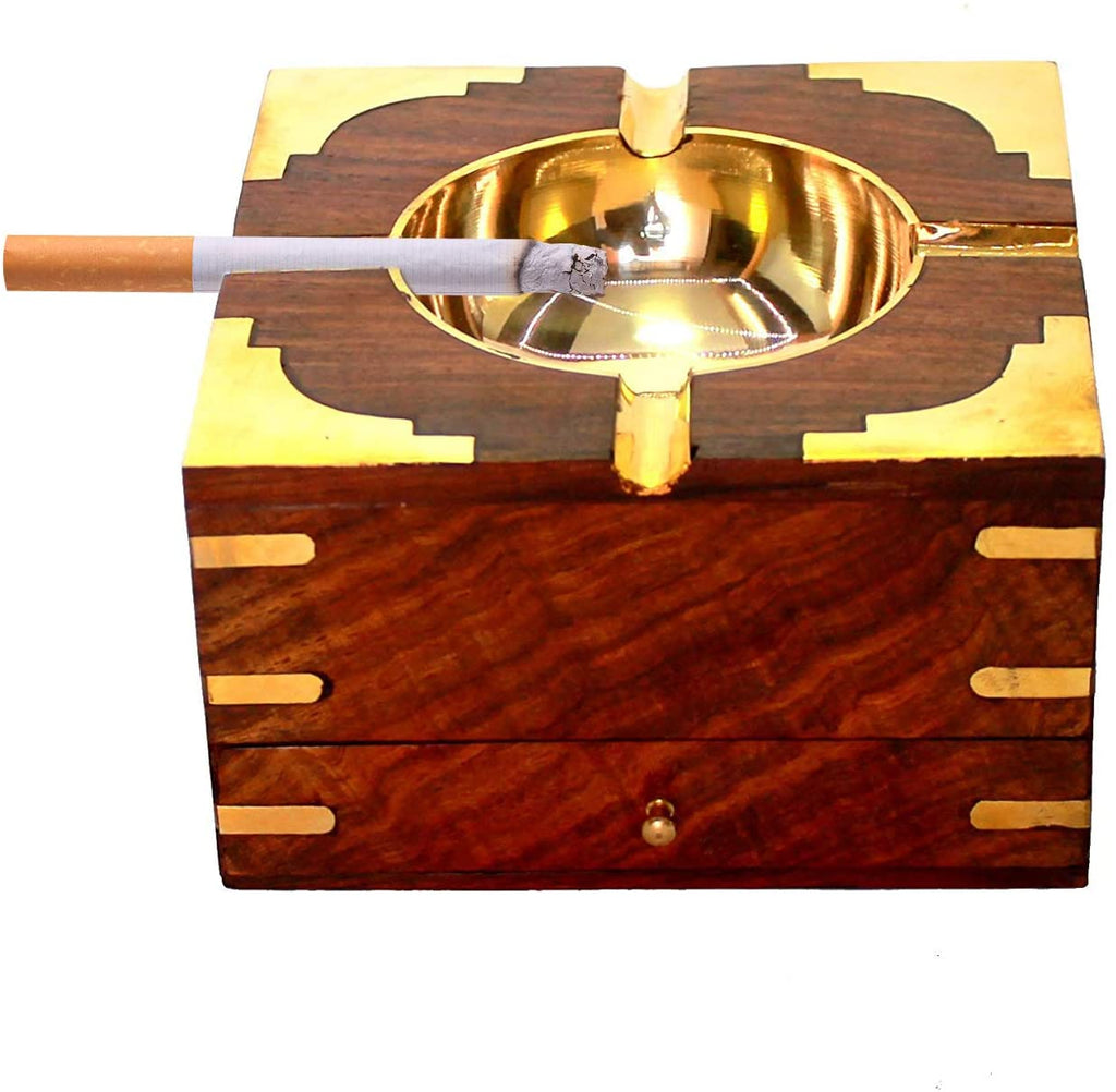 Wooden Ashtray with Cigarette Holder Box Case for Home Office Car