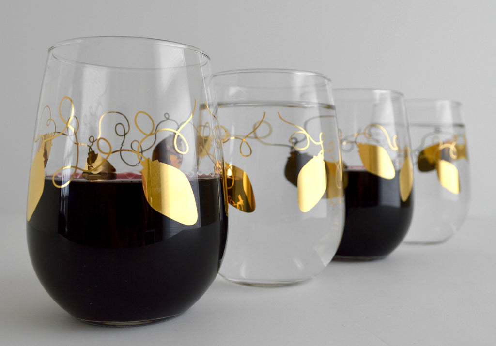 Metallic Gold Retro Christmas Lights Stemless Wine