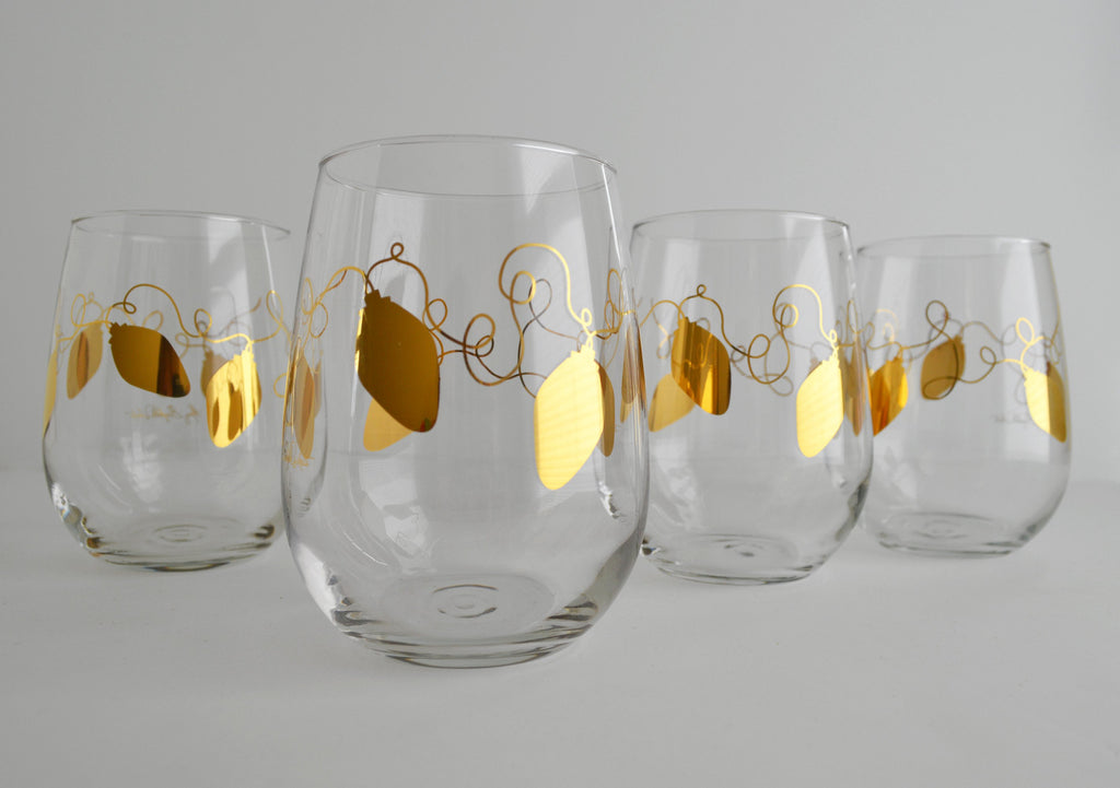 Metallic Gold Retro Christmas Lights Stemless Wine