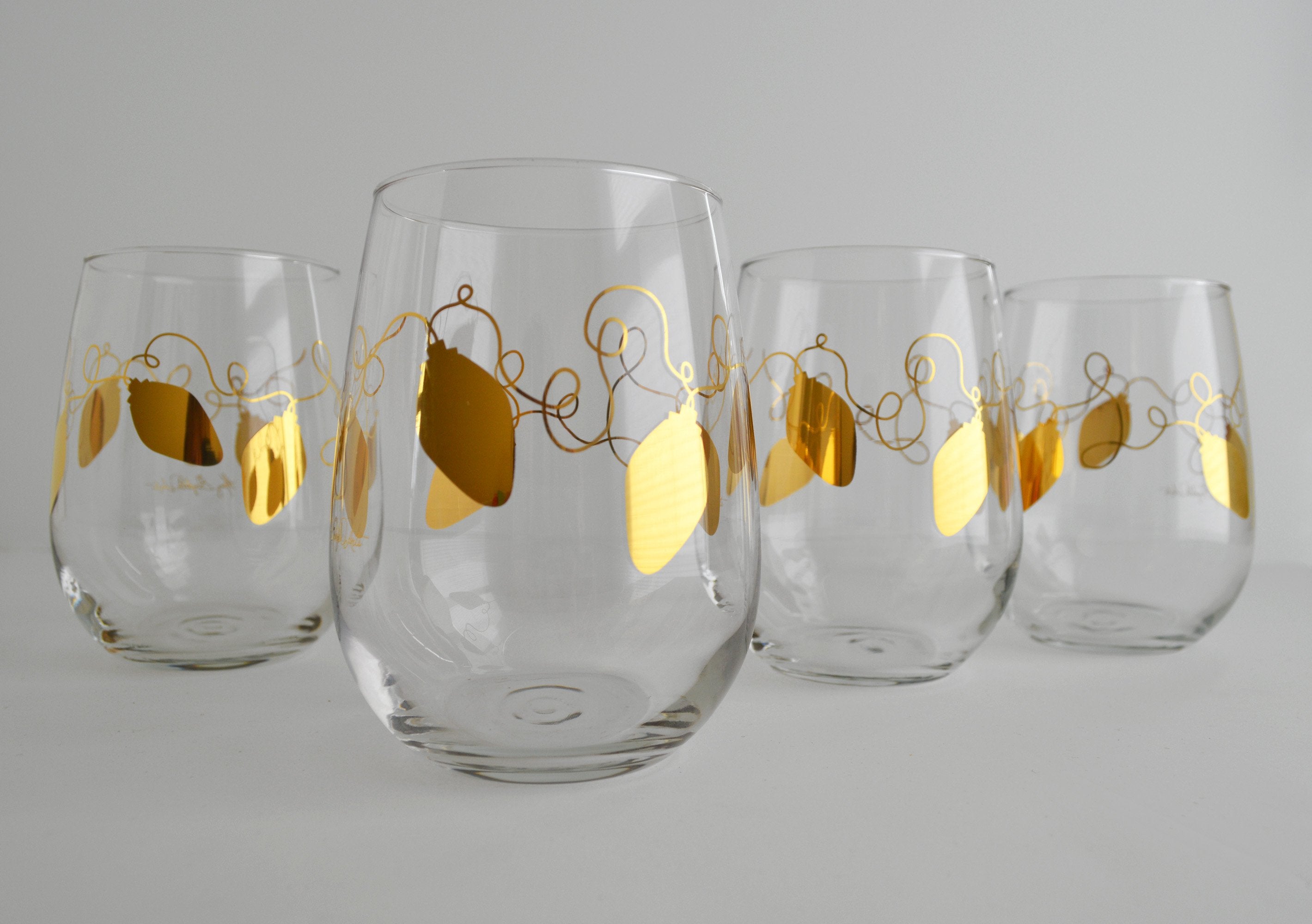 Metallic Gold Retro Christmas Lights Stemless Wine