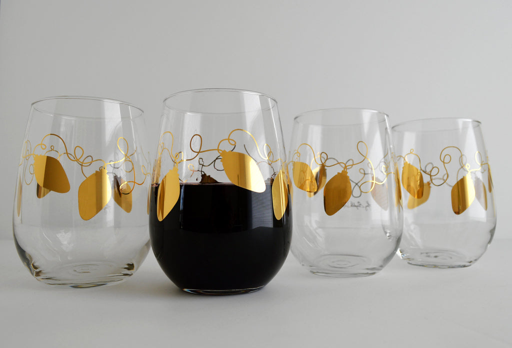 Metallic Gold Retro Christmas Lights Stemless Wine