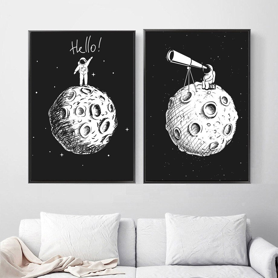 Black White Astronaut Moon Wall Art