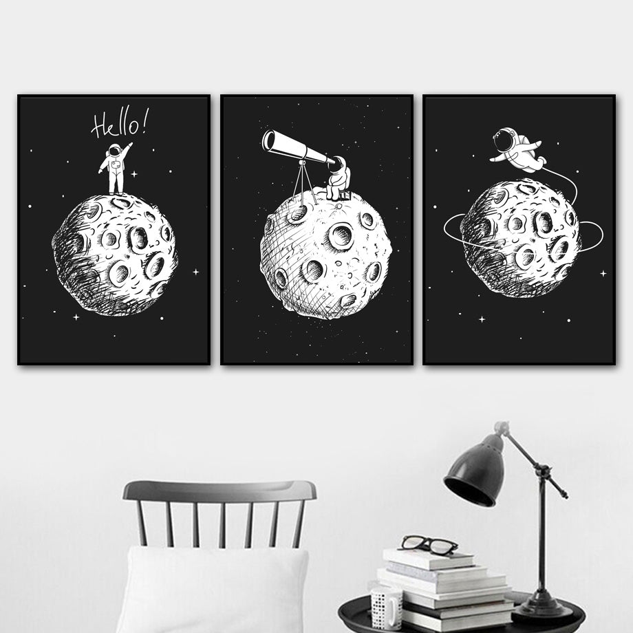 Black White Astronaut Moon Wall Art