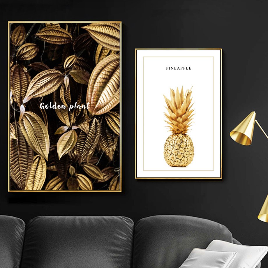 Golden Plant Palm Leaf Pineapple Quotes Wall Art