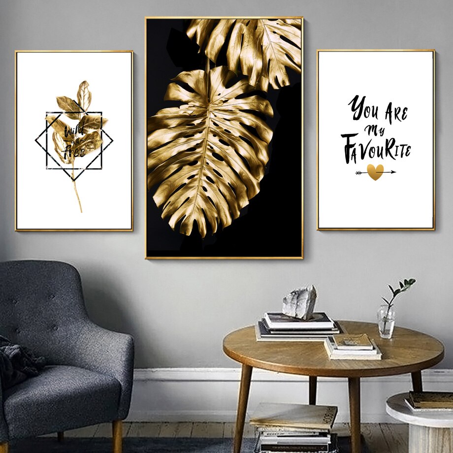 Golden Plant Palm Leaf Pineapple Quotes Wall Art
