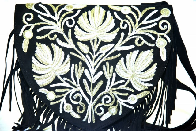 Fringed Handmade Suede Embroidered Heart Shaped Bag