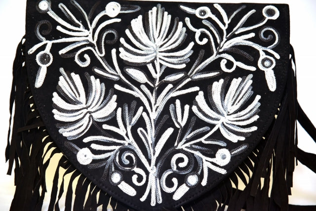 Fringed Handmade Suede Embroidered Heart Shaped Bag