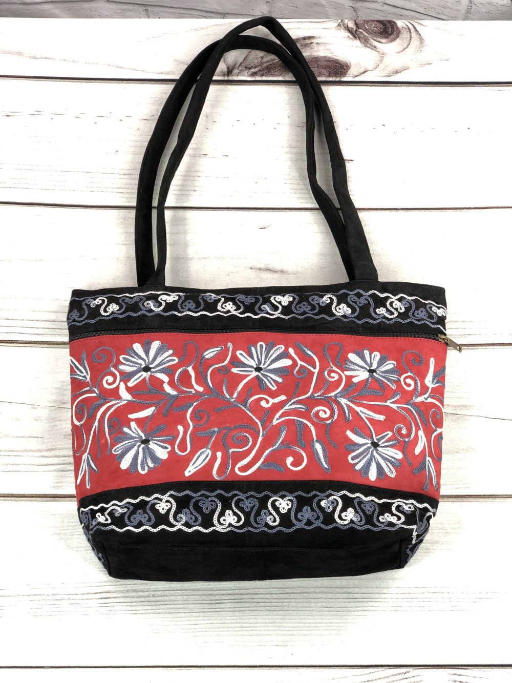 Handmade Red and Black Suede Embroidered Tote Bag
