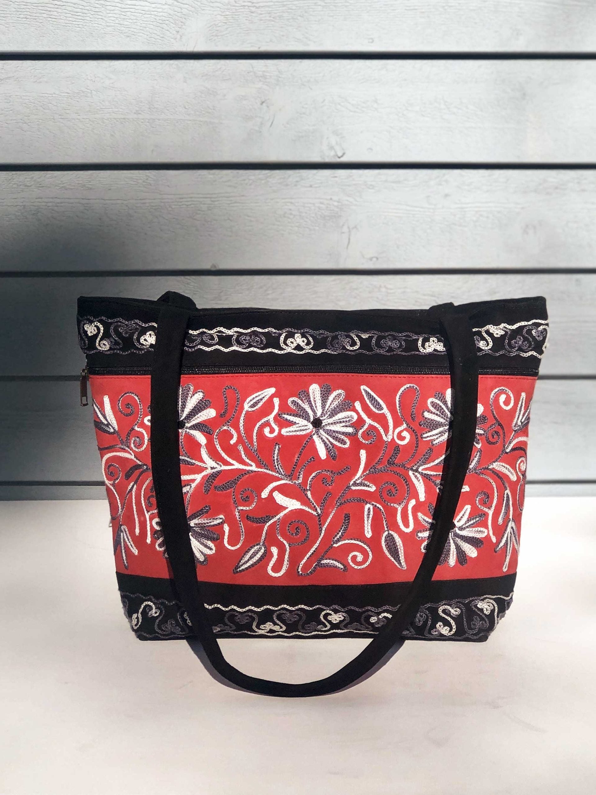 Handmade Red and Black Suede Embroidered Tote Bag