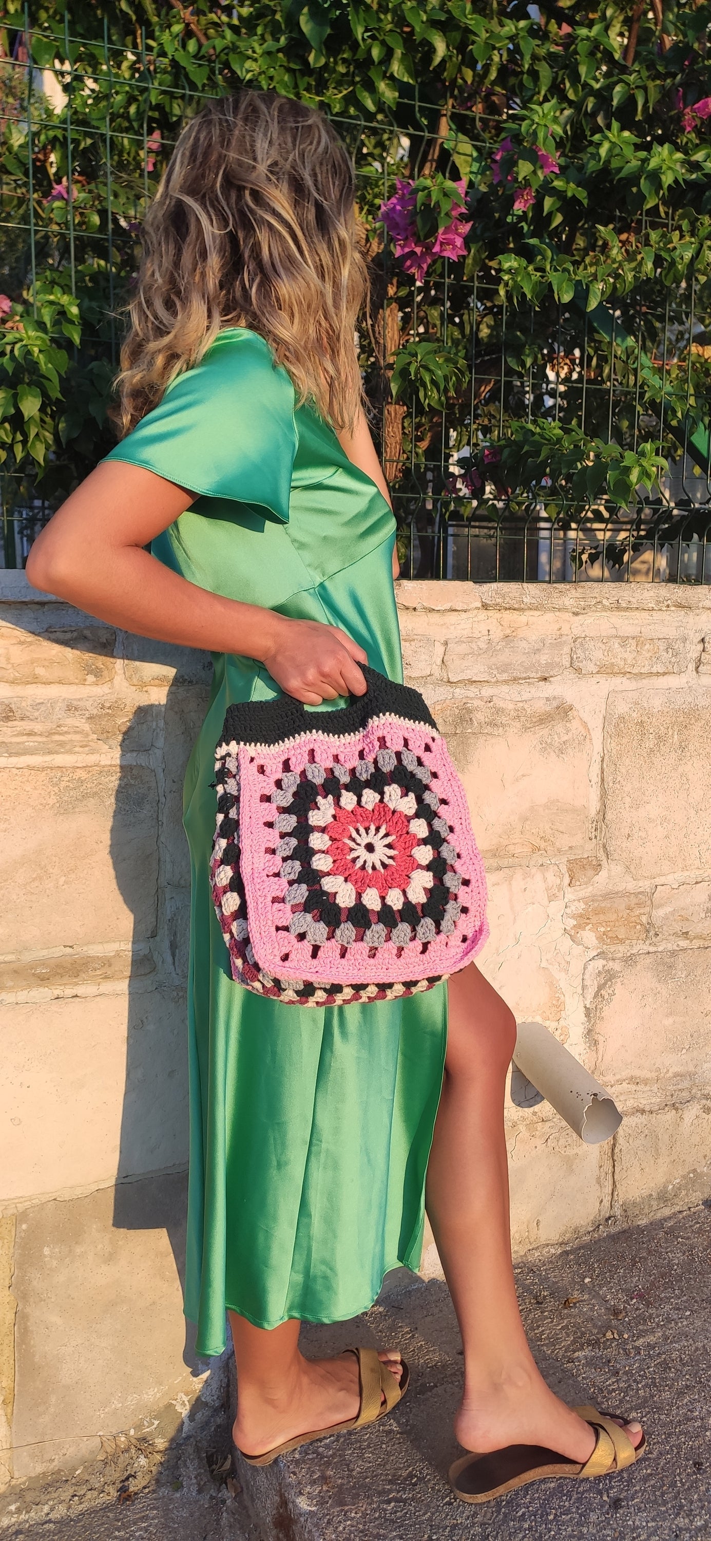 Petrol color handmade eco-friendly cotton crochet knit bag