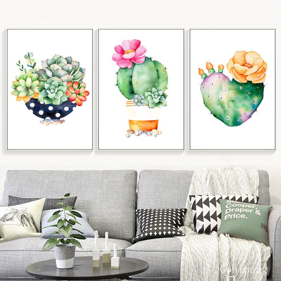 Watercolor Cactus Succulent Plant Wall Art Canvas