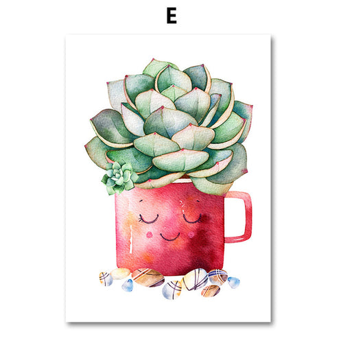 Watercolor Cactus Succulent Plant Wall Art Canvas