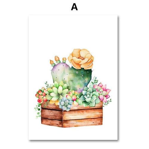 Watercolor Cactus Succulent Plant Wall Art Canvas