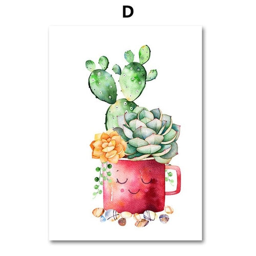 Watercolor Cactus Succulent Plant Wall Art Canvas