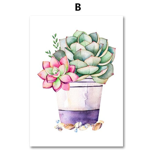 Watercolor Cactus Succulent Plant Wall Art Canvas