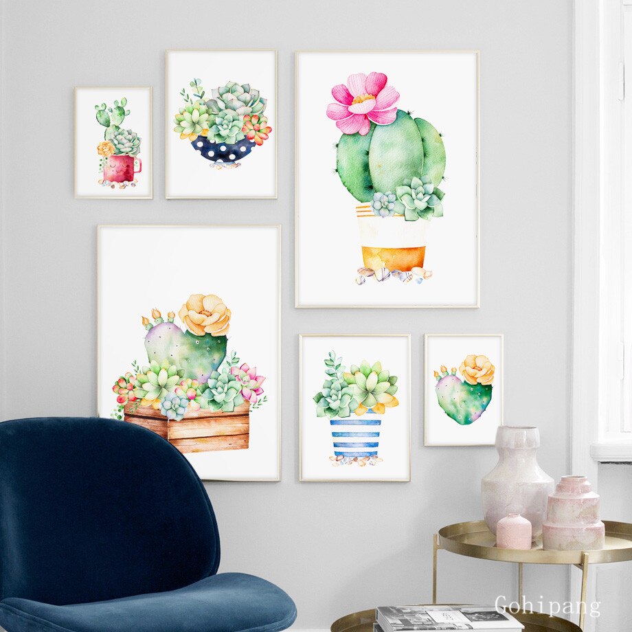 Watercolor Cactus Succulent Plant Wall Art Canvas