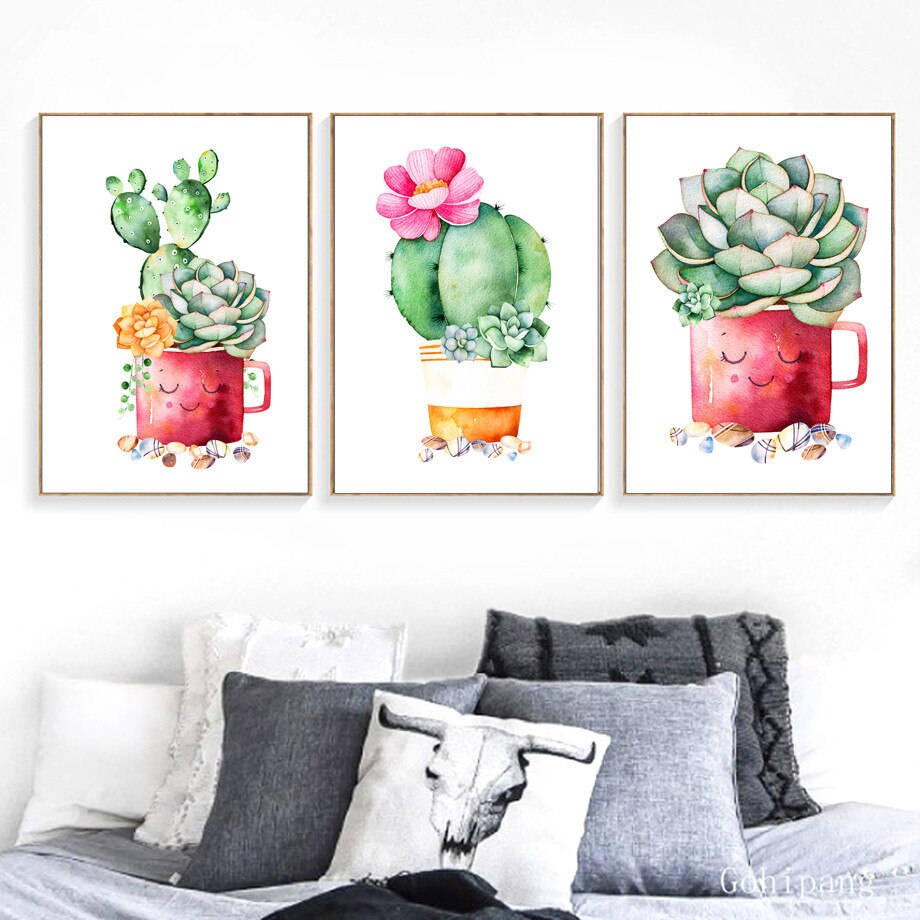 Watercolor Cactus Succulent Plant Wall Art Canvas