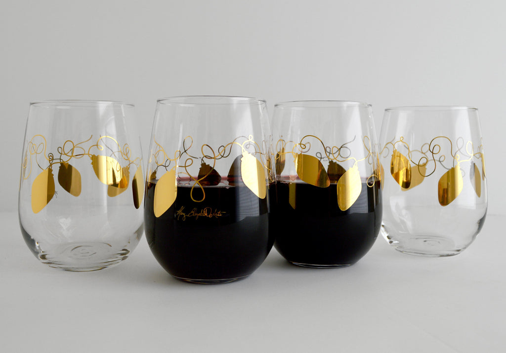 Metallic Gold Retro Christmas Lights Stemless Wine