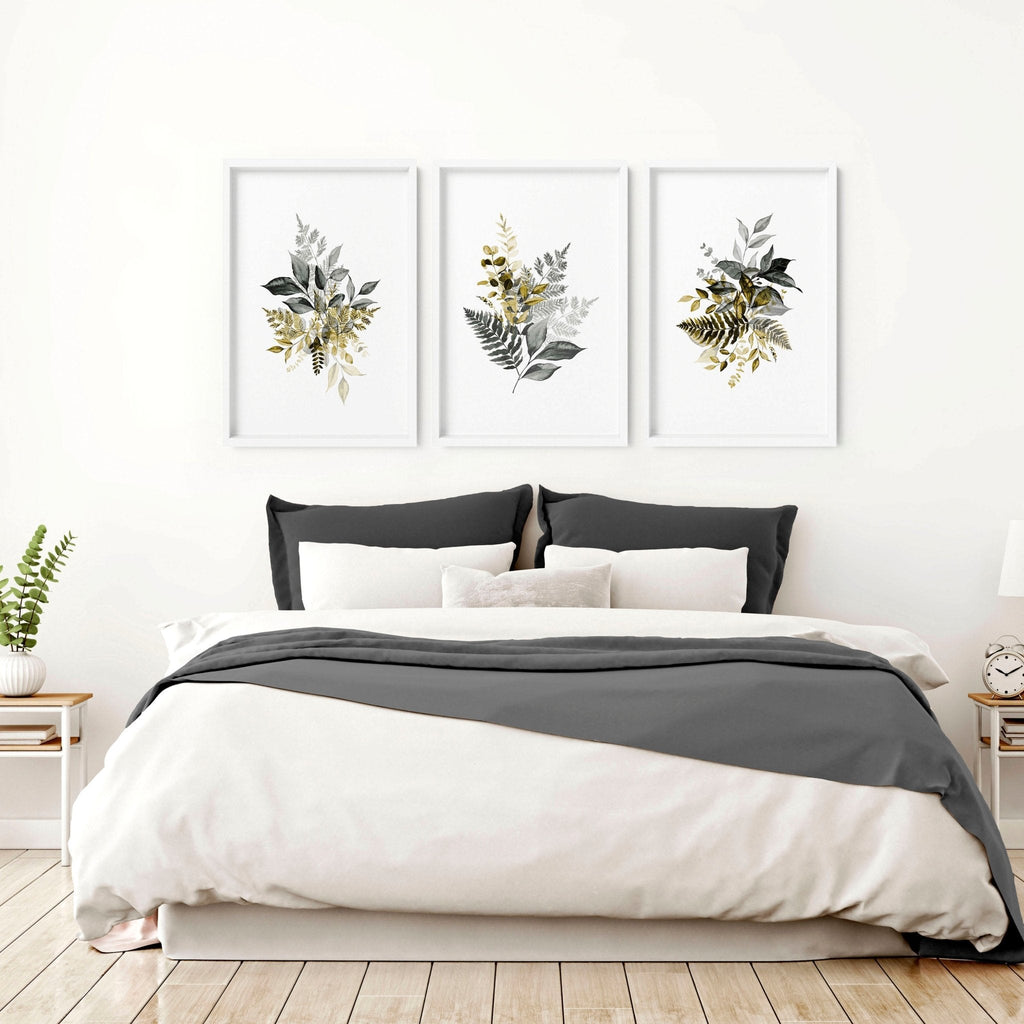 Grey paintings for bedroom | set of 3 wall art prints