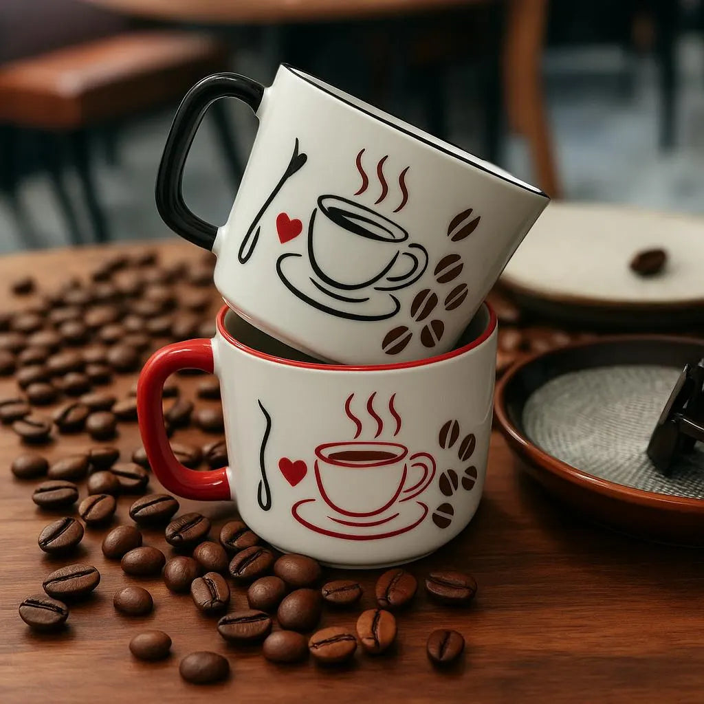 Set of 2 Handmade Ceramic Mugs with Coffee-Themed Hand-Painted Designs