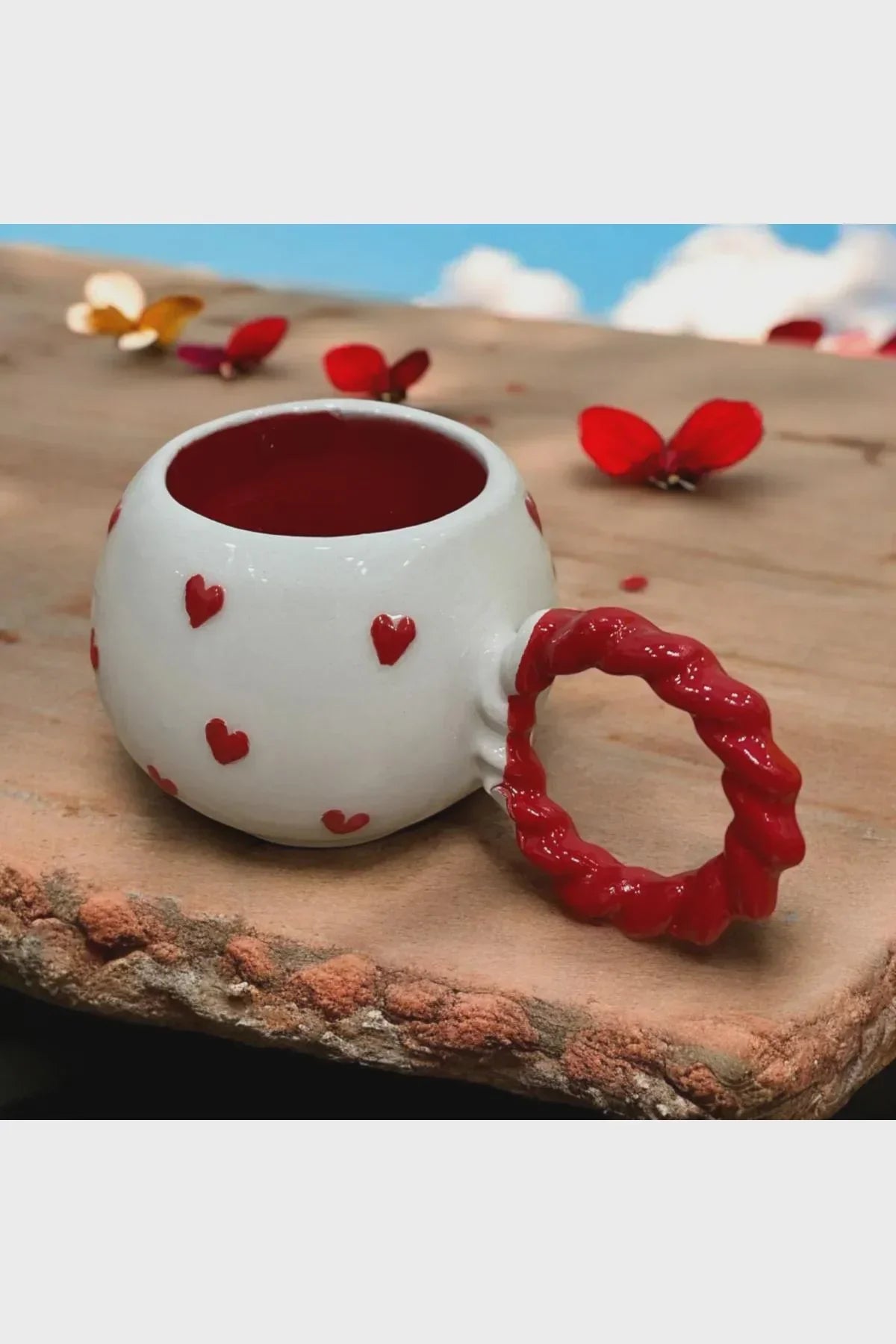 Set of 2 Handmade Ceramic Heart Mugs with Embossed Heart Design