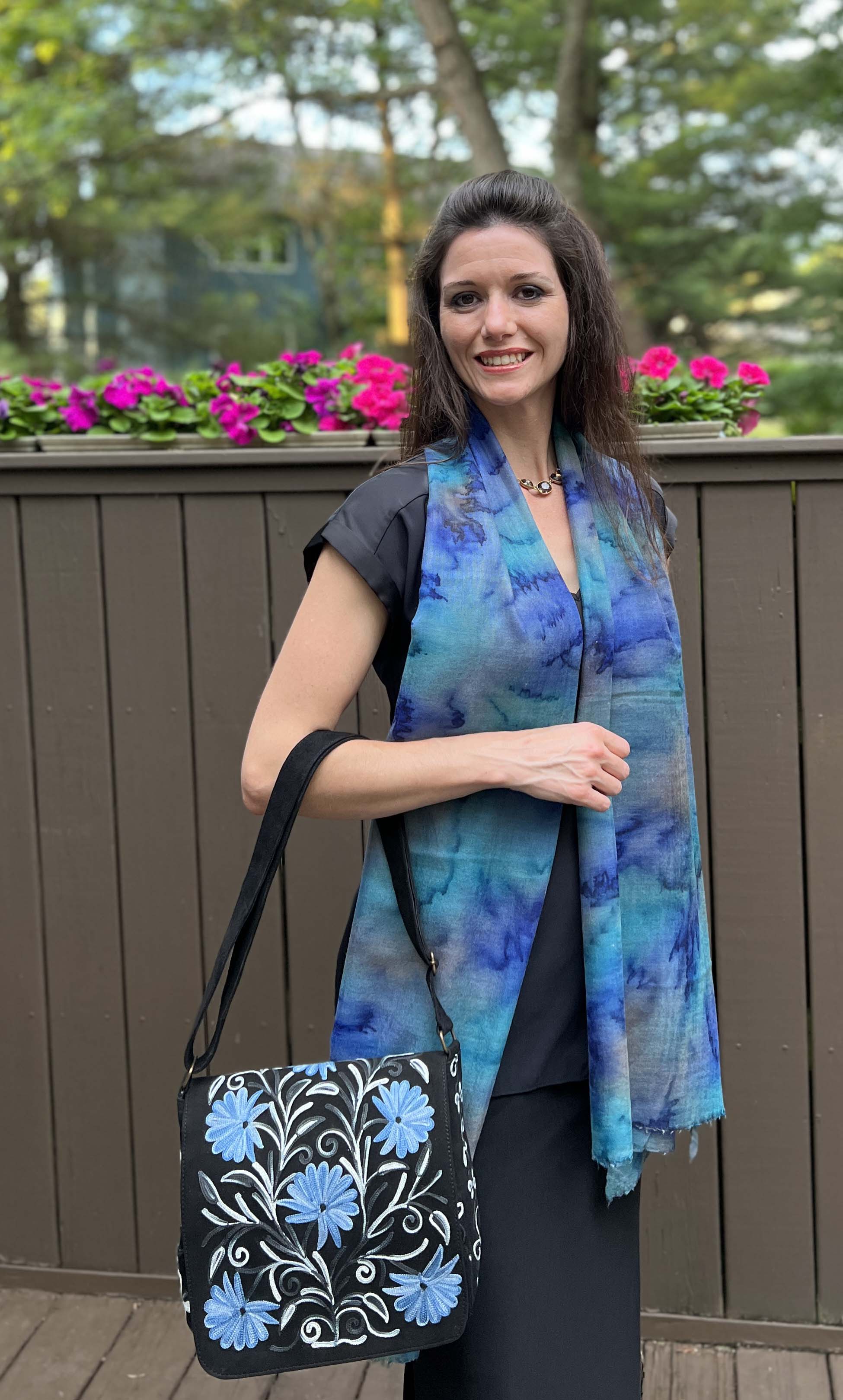 Handmade Blue and Black Suede Embroidered Messenger Bag