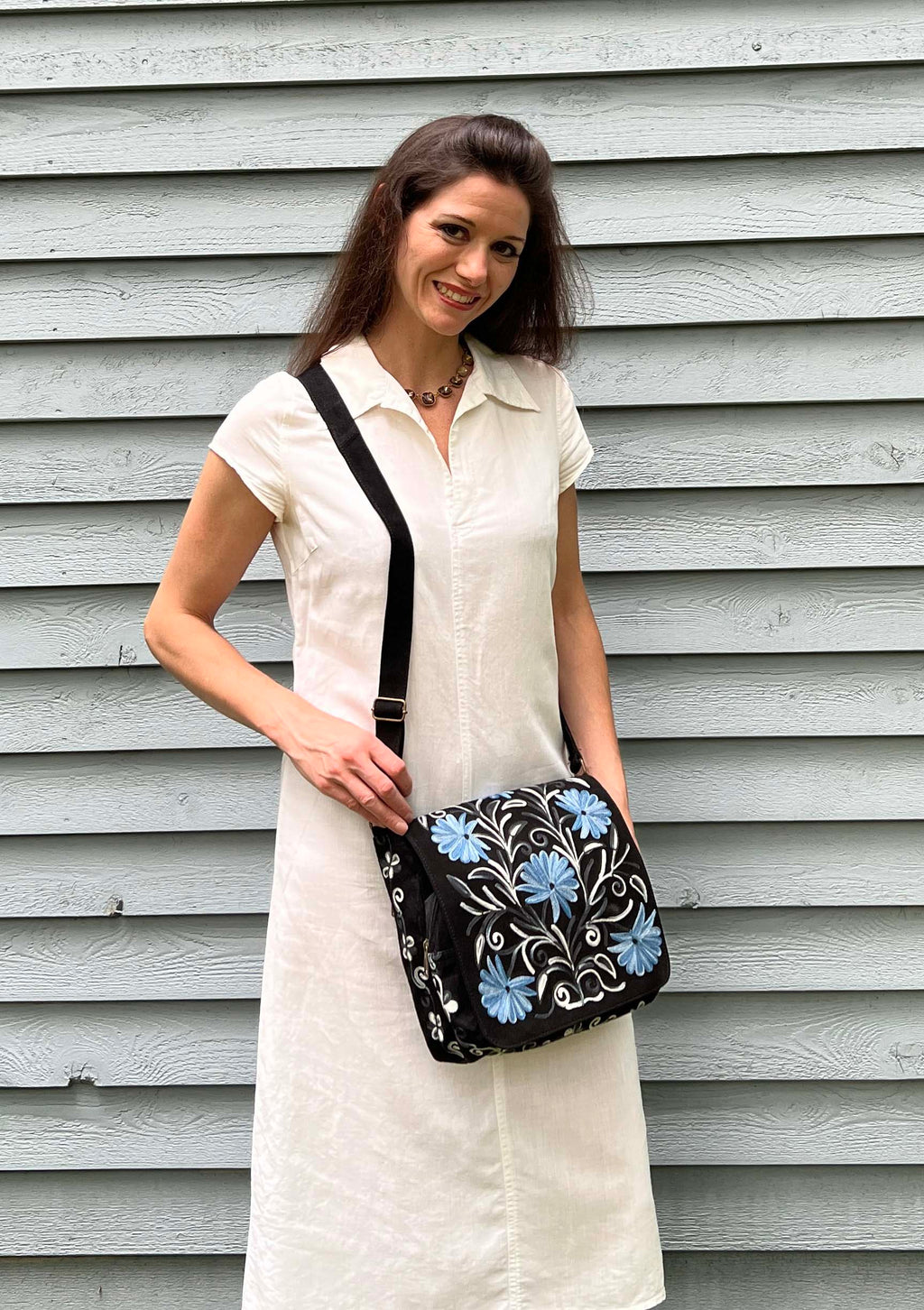 Handmade Blue and Black Suede Embroidered Messenger Bag