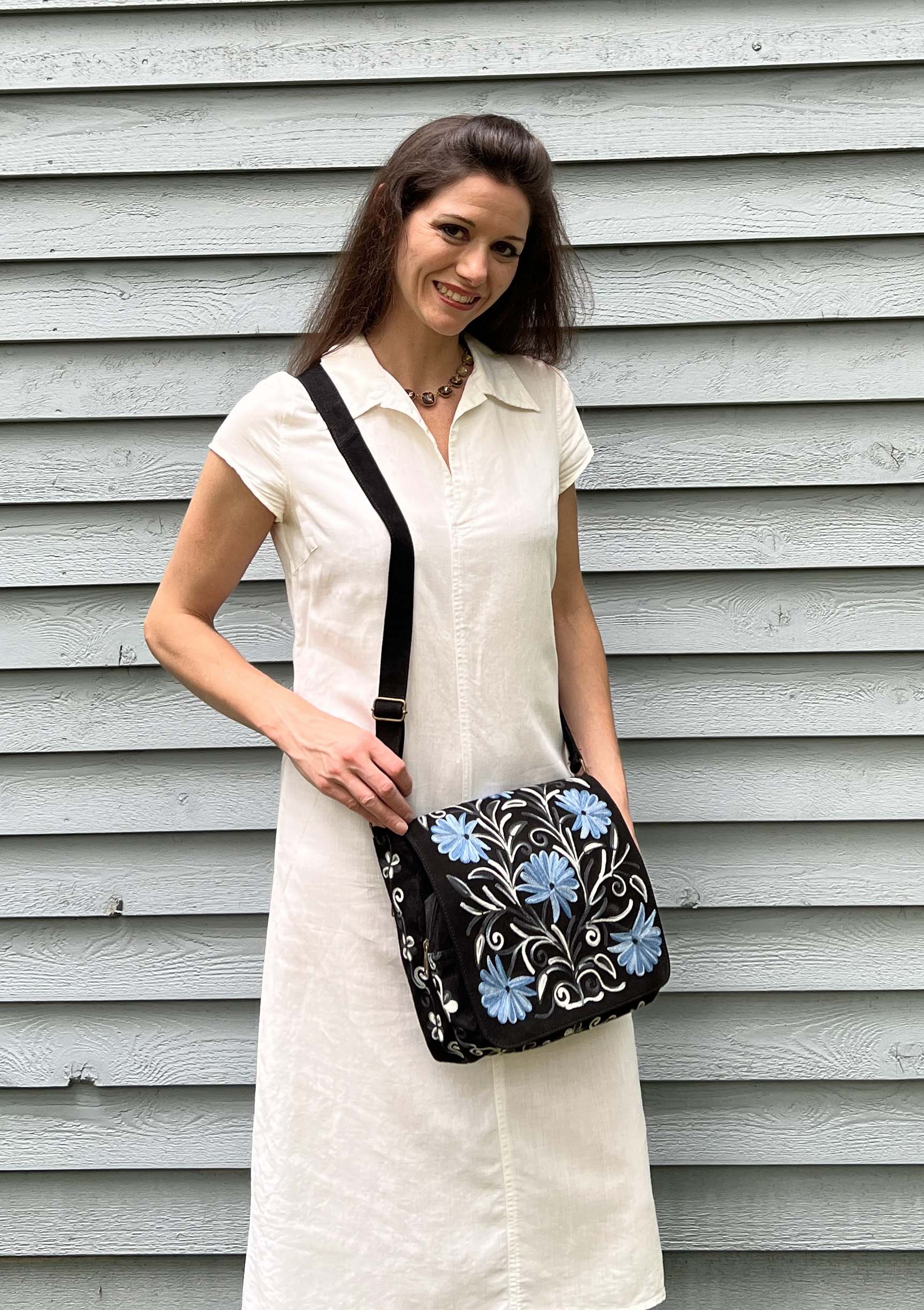 Handmade Blue and Black Suede Embroidered Messenger Bag