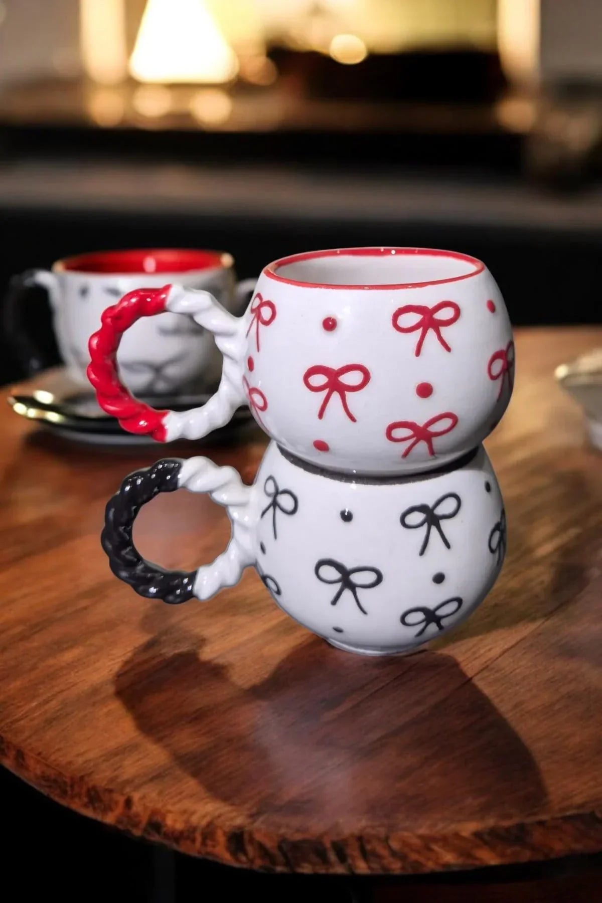 Set of 2 Ceramic Mugs 145ml for Turkish Coffee with Knit Texture