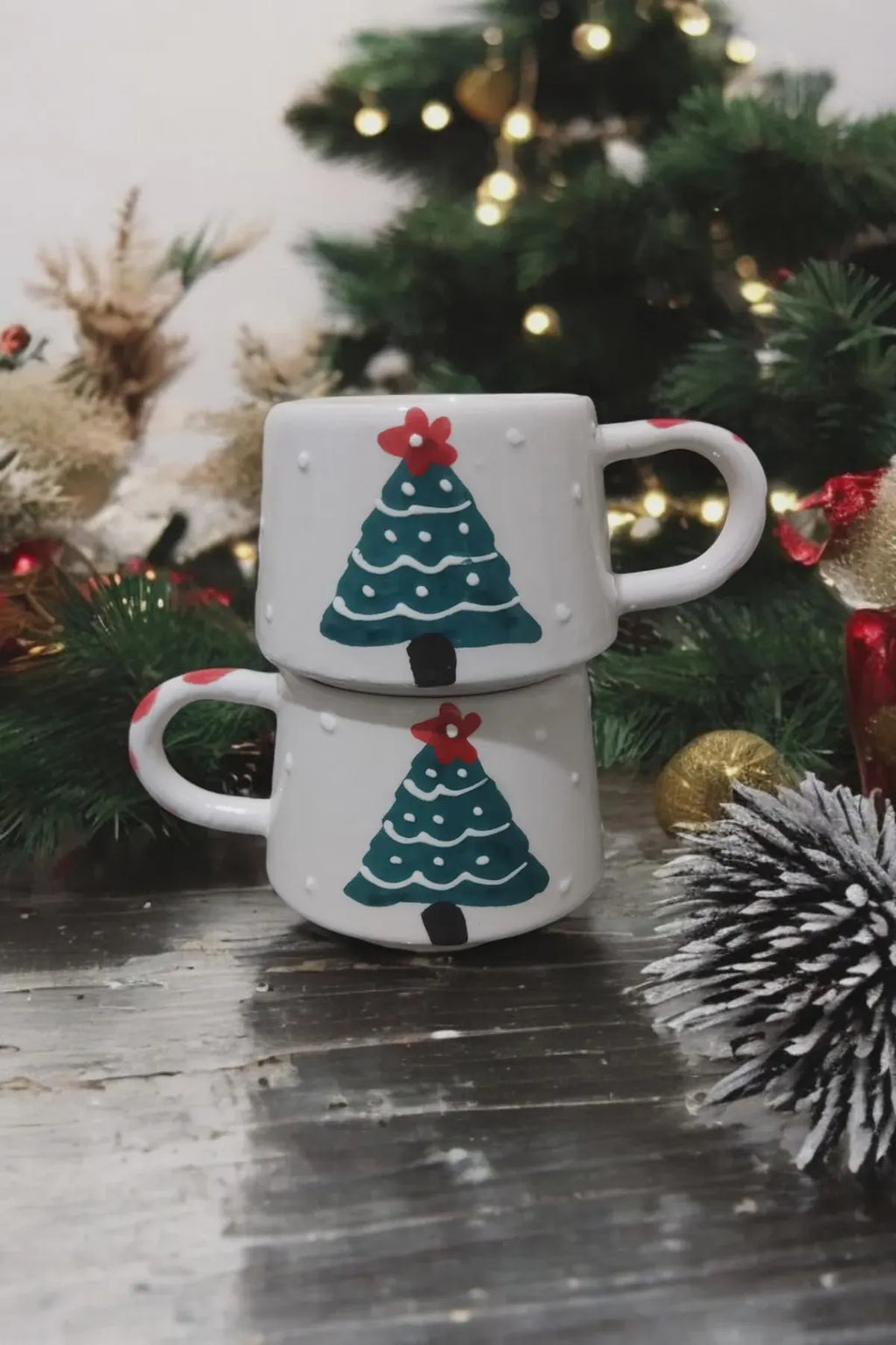 Handmade Ceramic Mug Set with Pine Tree Design for Nature Lovers