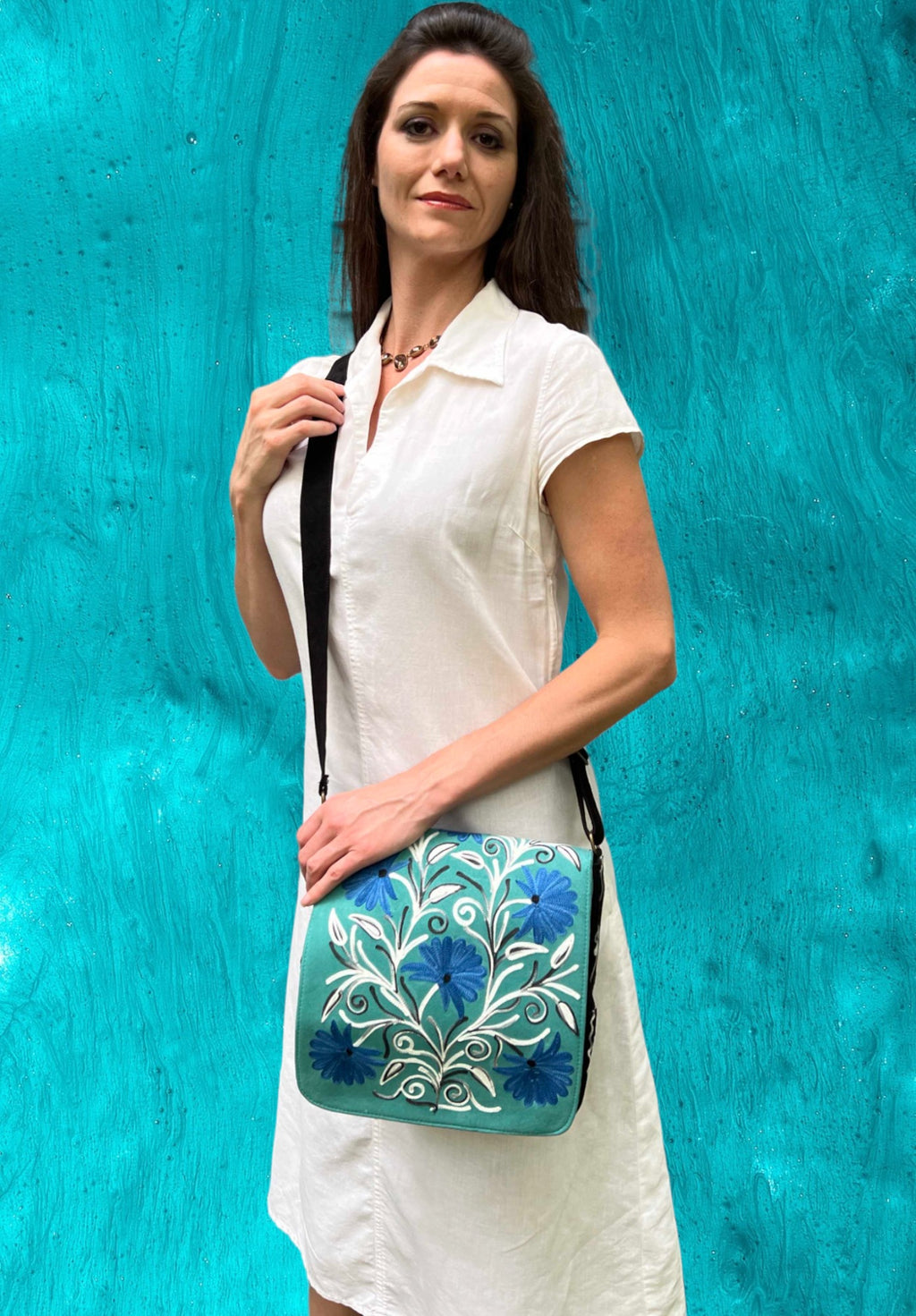 Handmade Blue and Green Suede Embroidered Messenger Bag