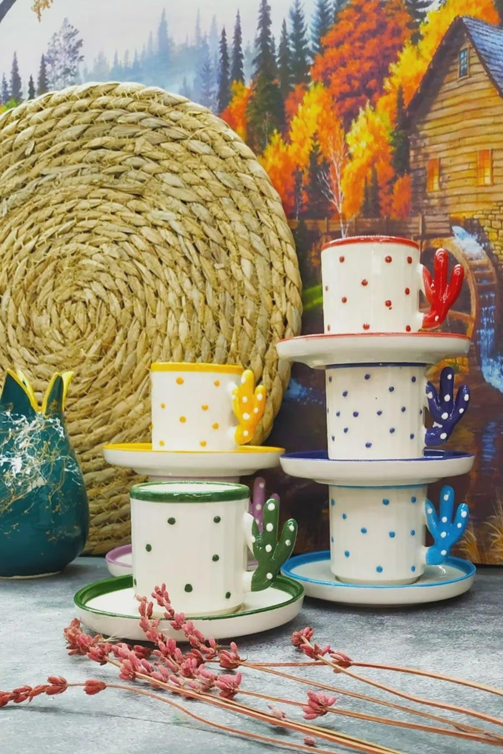 Handmade Cactus Coffee Cup Set for 6 with Boho Cactus Coffee Design