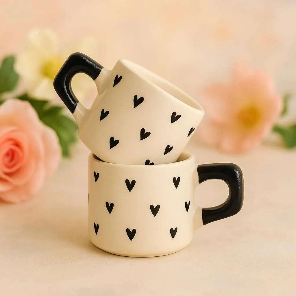Set of 2 Ceramic Mugs with Black Heart Design for Elegant Moments