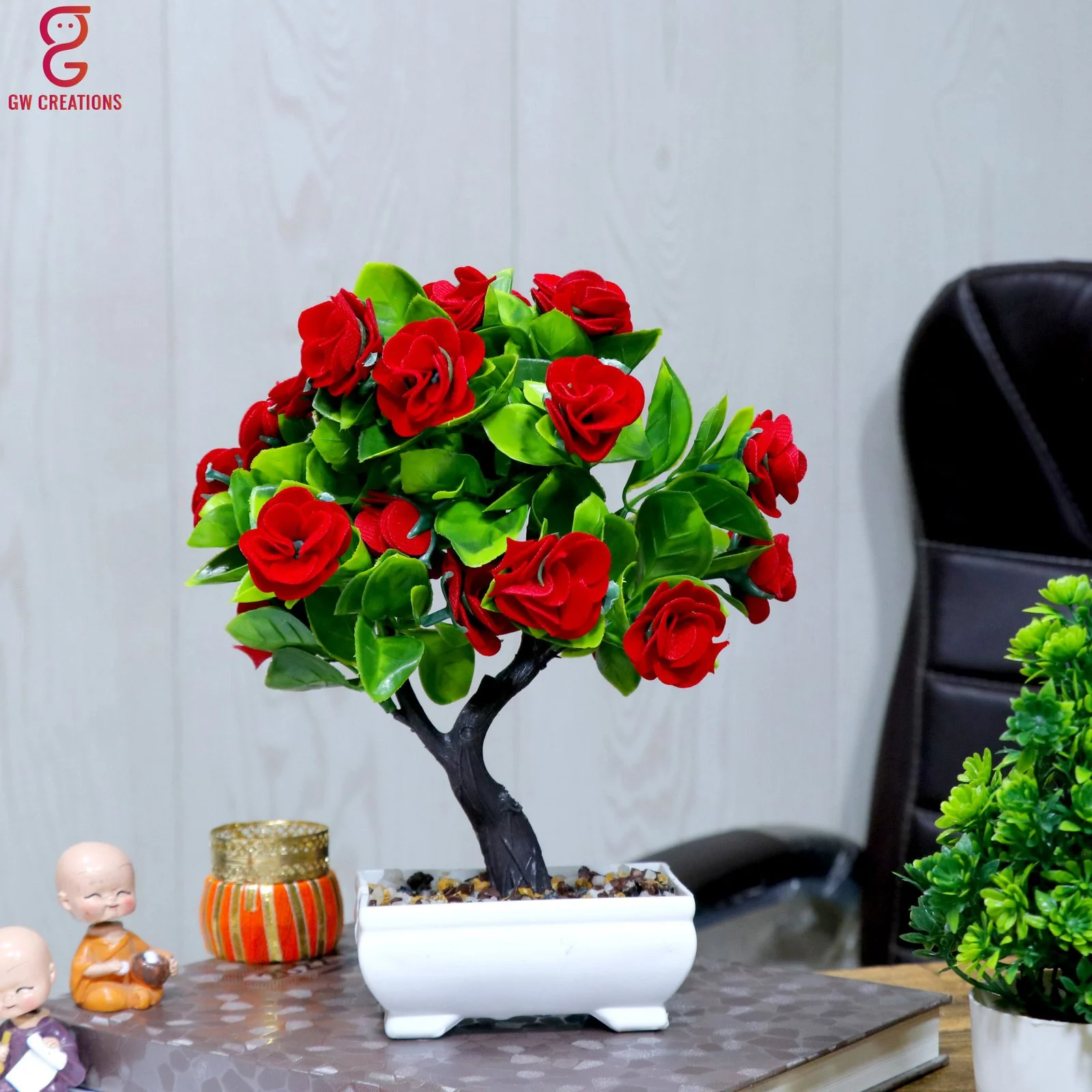 Artificial Bonsai Plant For Home Decoration (Green Leaf & Red Flower)