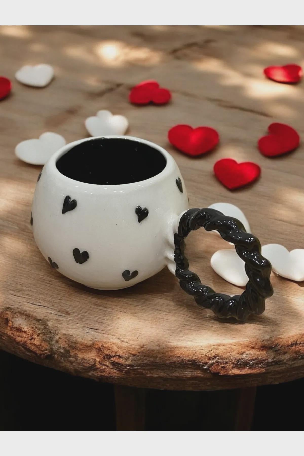 Set of 2 Handmade Ceramic Heart Mugs with Embossed Heart Design