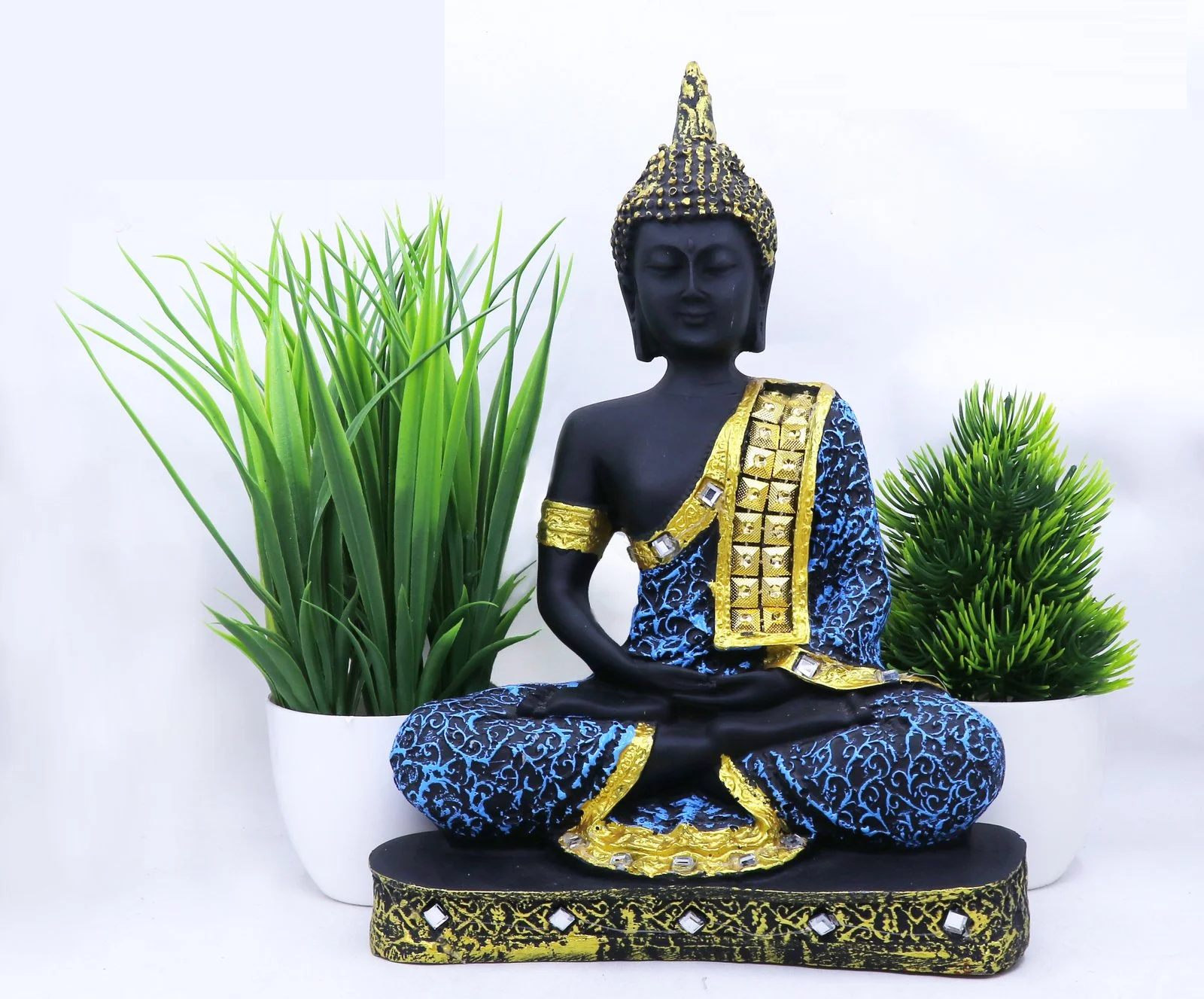 Buddha Statue With Two Artificial Plant For Showpeice