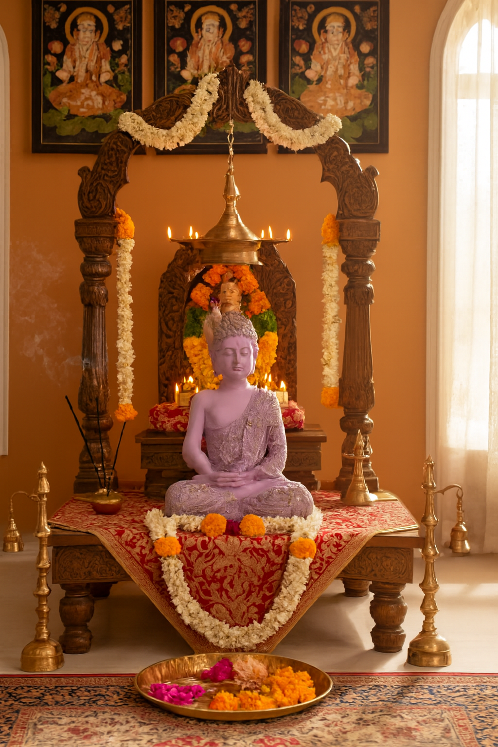 Lavender Buddha Idol in Ornate Wooden Shrine – Meditative Statue