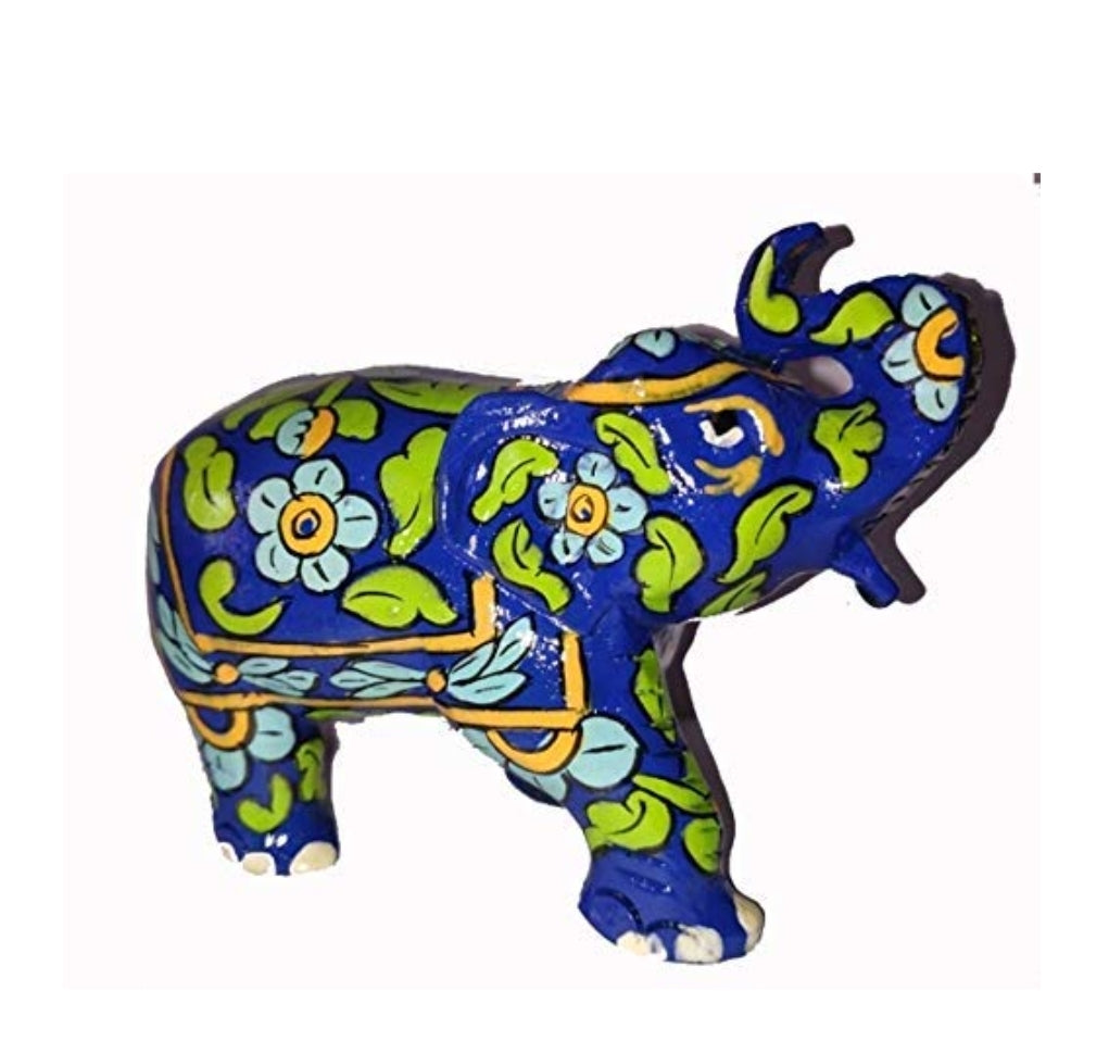 Wooden blue pottery elephant pair set of 2