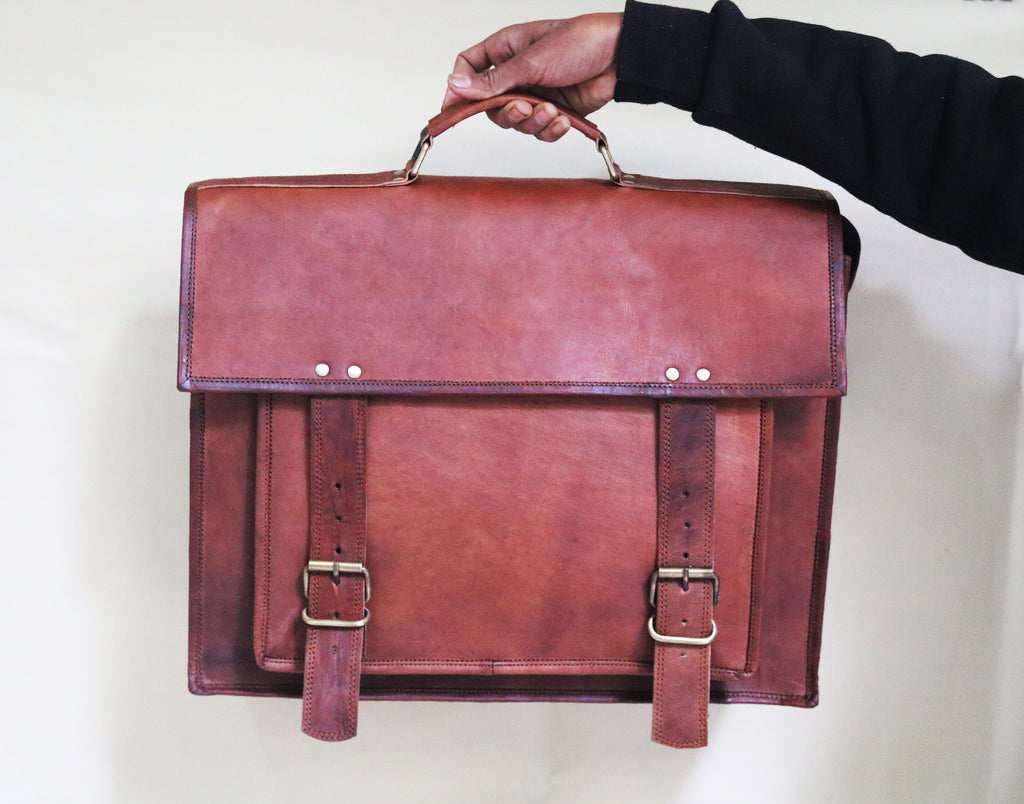 Handmade 18″ Brown Leather Cross body Bag With Big Pocket.