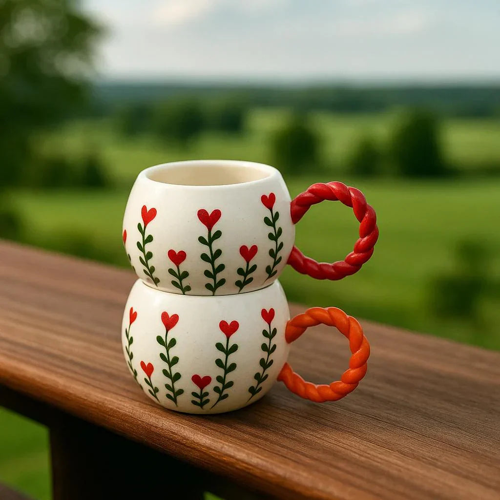 Handmade Floral Ceramic Mugs with Bubble Handle Set of 2