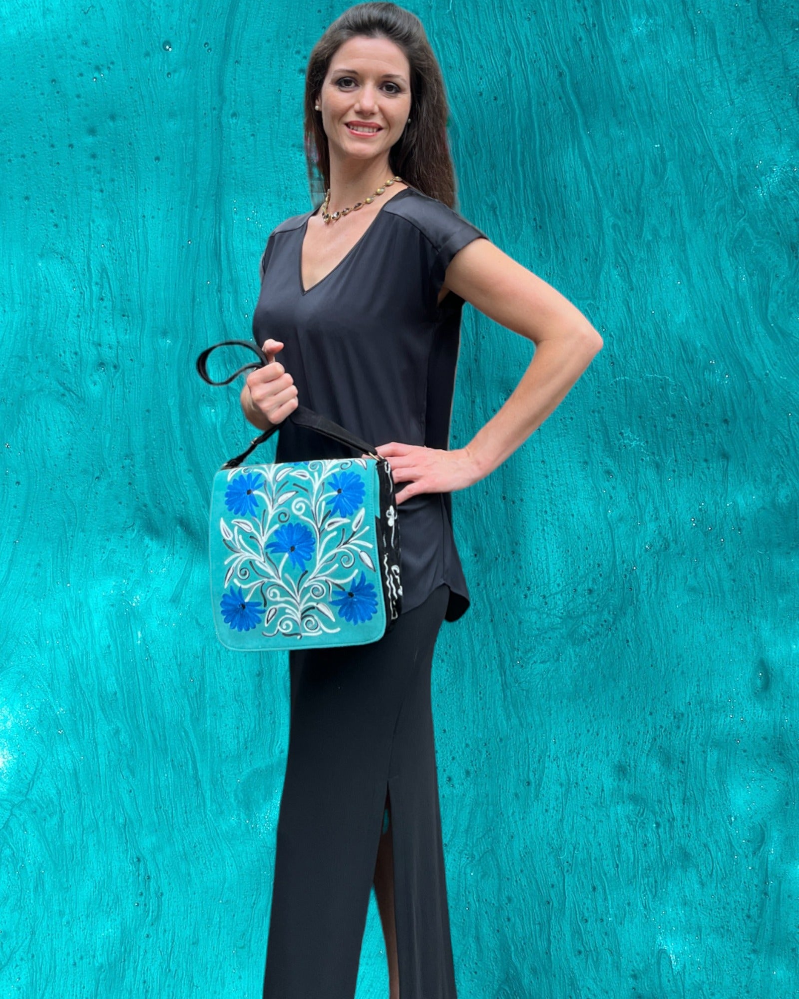 Handmade Blue and Green Suede Embroidered Messenger Bag