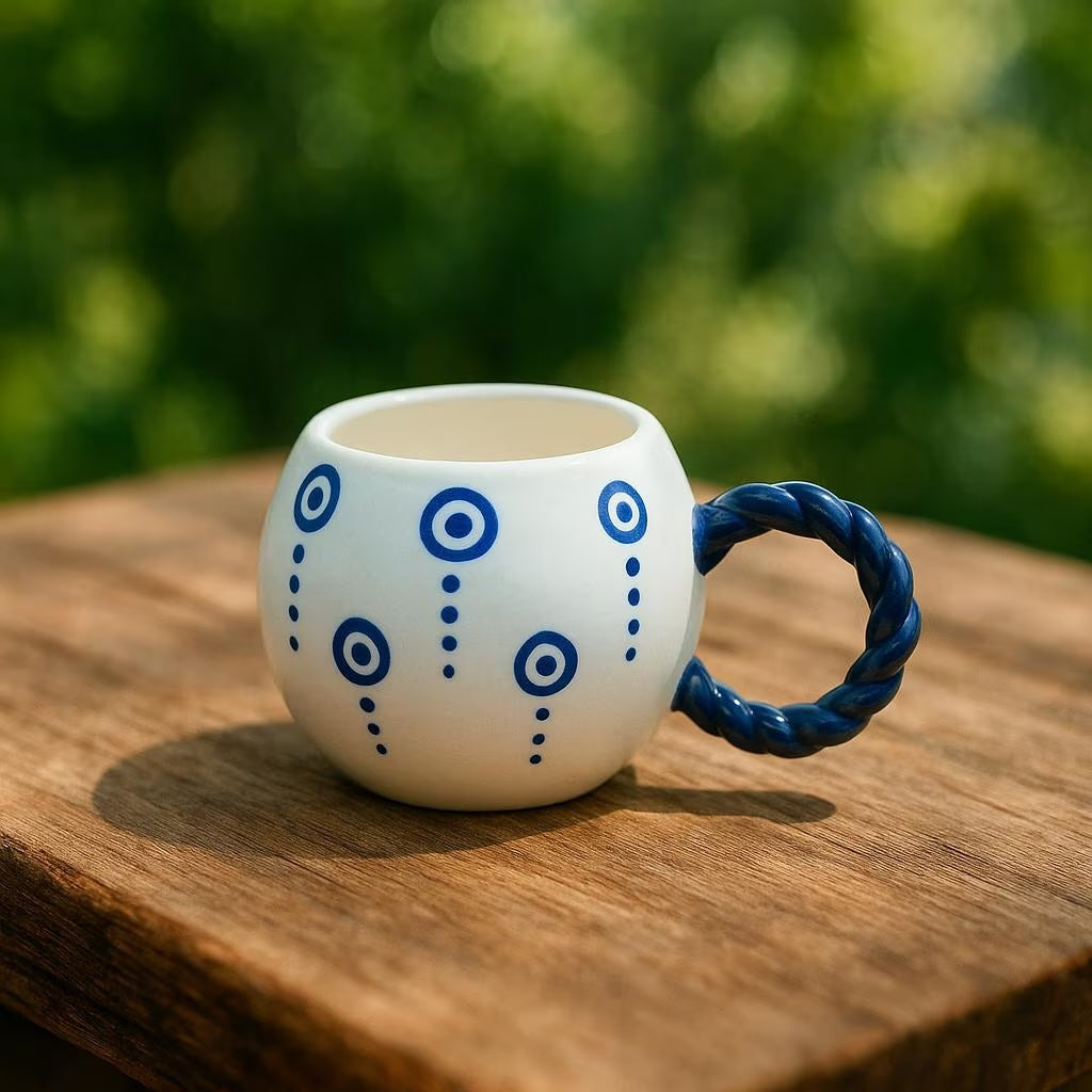 Handmade Ceramic Mugs with Embossed Evil Eye Symbol Set of 2