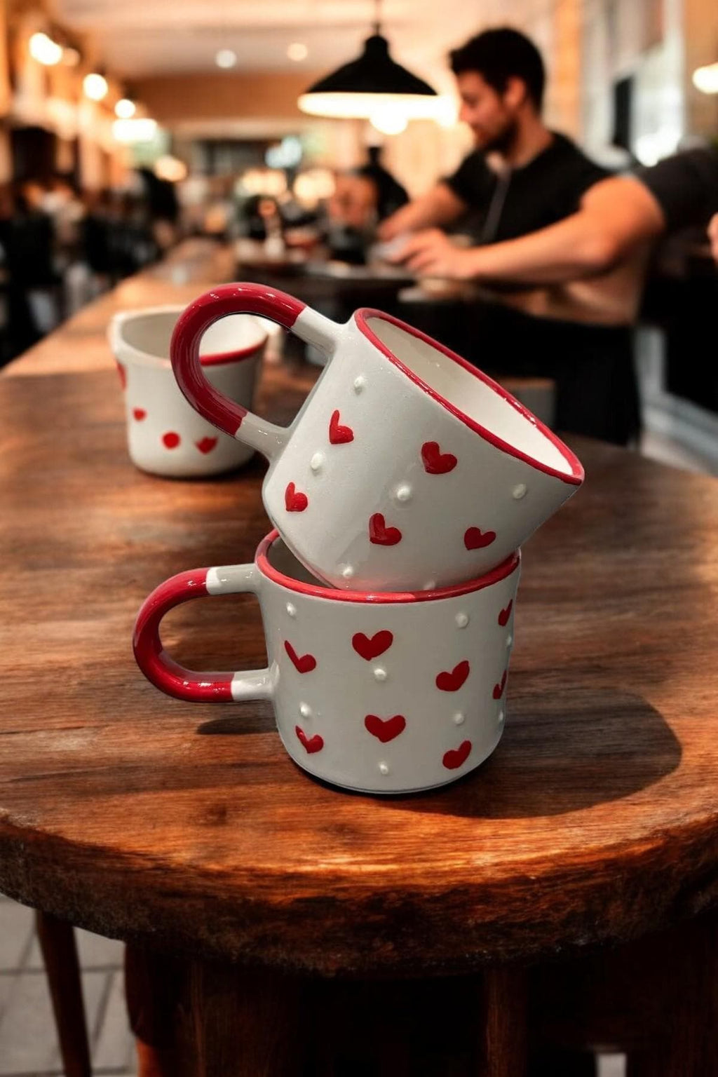 Set of 2 Handmade Ceramic Mugs with Heart and Polka Dot Patterns