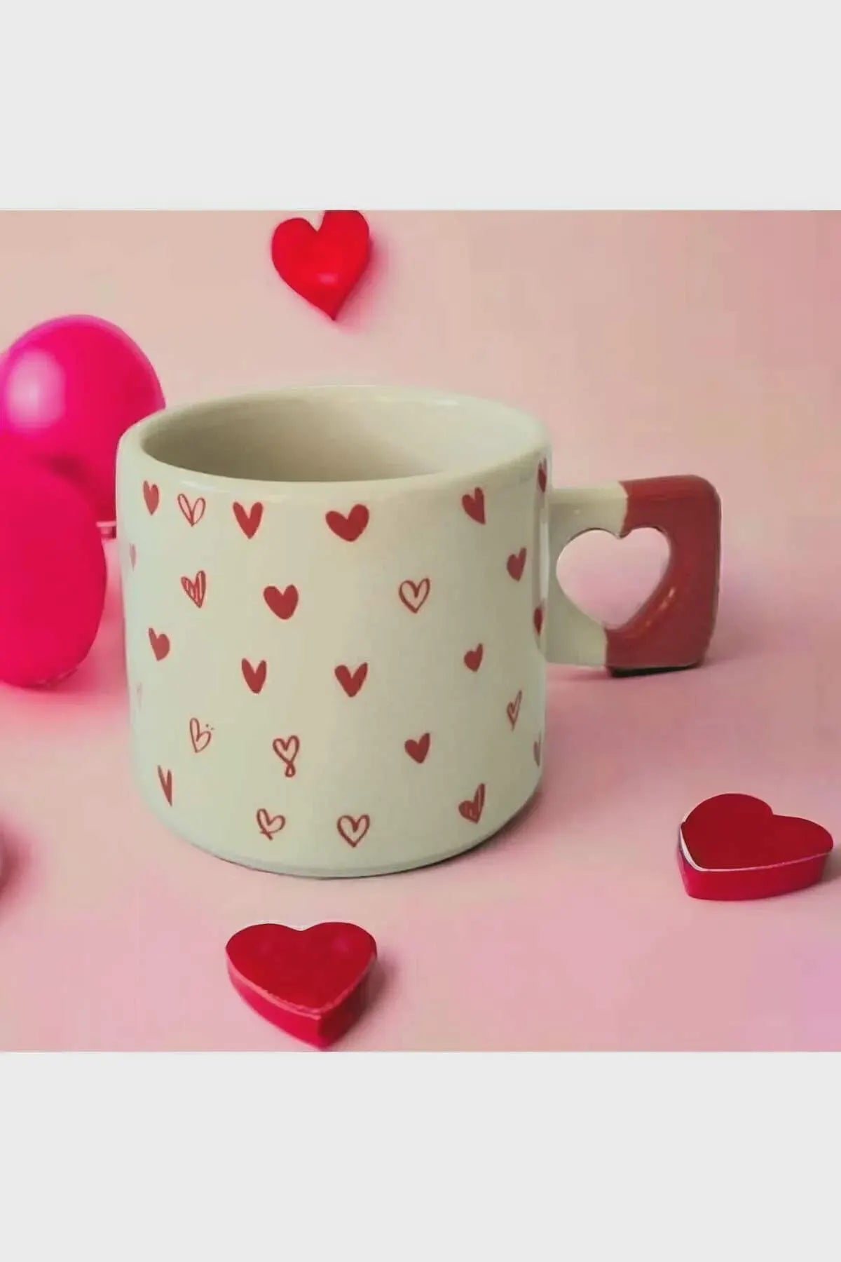 Set of 2 Ceramic Mugs with Red Heart Patterns for Valentine’s Day