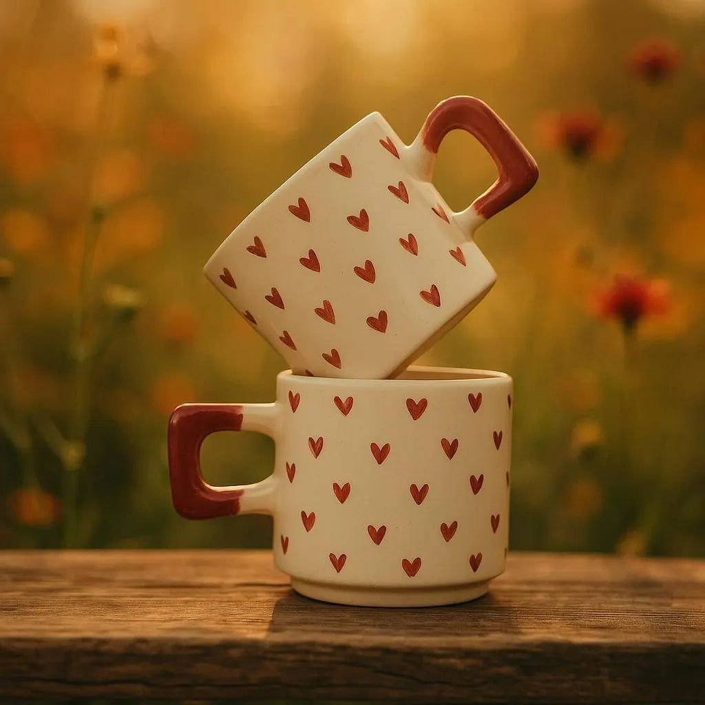 Set of 2 Ceramic Mugs with Red Heart Patterns for Valentine’s Day