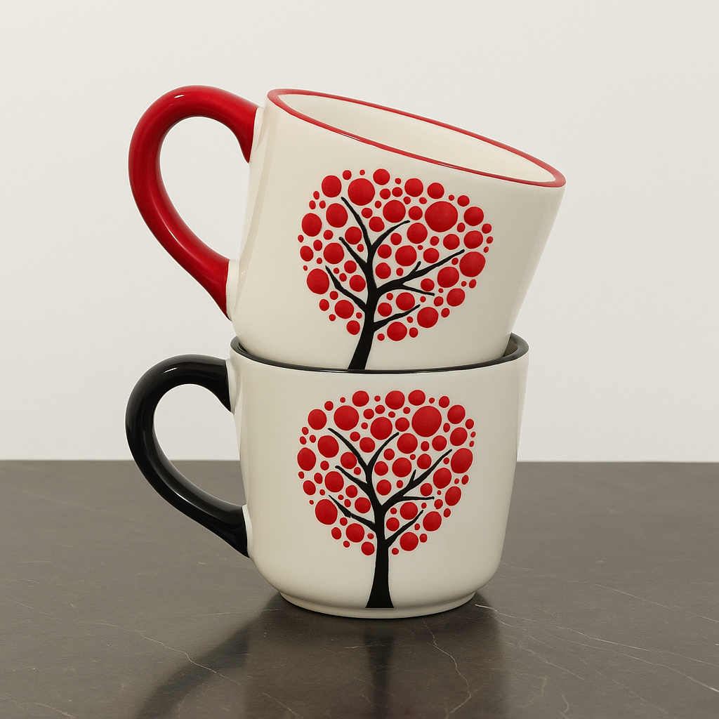 Set of 2 Handmade Ceramic Mugs with Embossed Tree and Heart Design